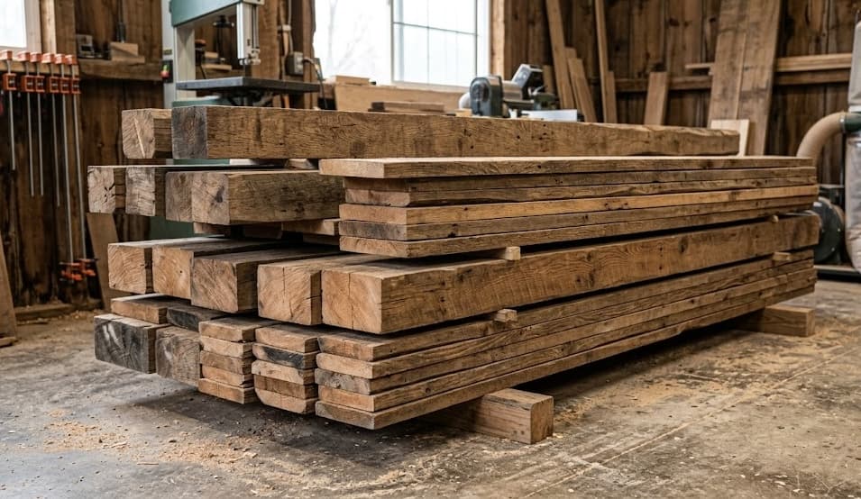 Selection of reclaimed wood products including beams, flooring, and siding